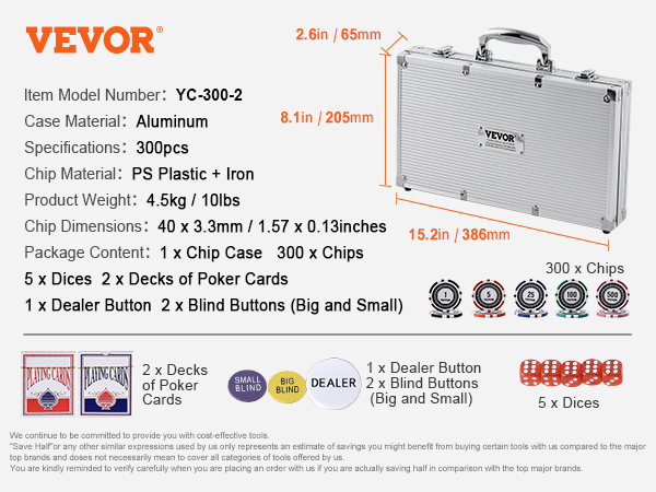 VEVOR poker chip set with aluminum case, 300 chips, 5 dices, 2 decks of poker cards, and buttons.