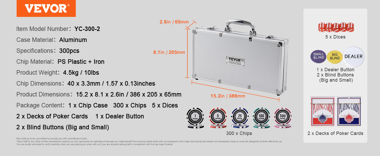 VEVOR poker chip set with aluminum case, 300 chips, 5 dices, 2 decks of poker cards, and buttons.