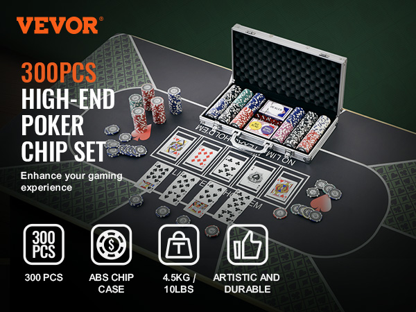 VEVOR poker chip set with 300 pcs, aluminum case, and poker cards on a table. enhance your game.
