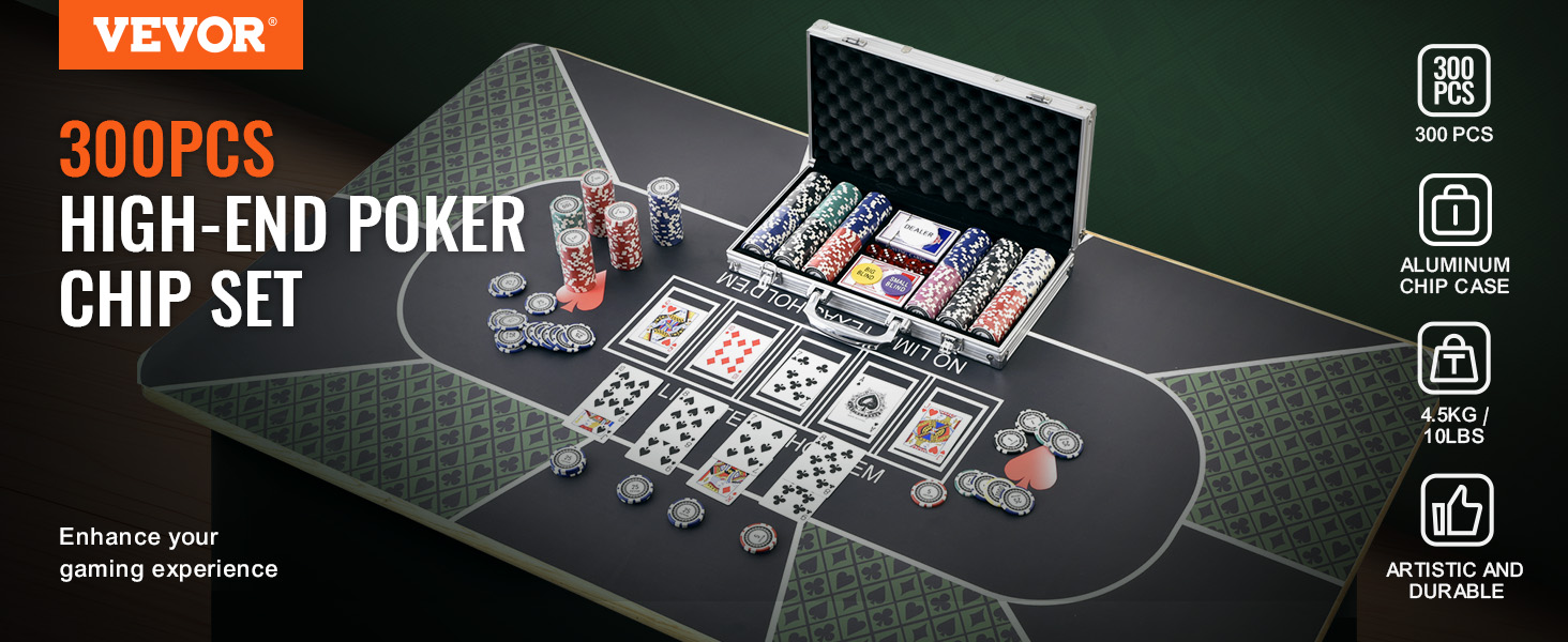 VEVOR poker chip set with 300 pcs, aluminum case, and poker cards on a table. enhance your game.