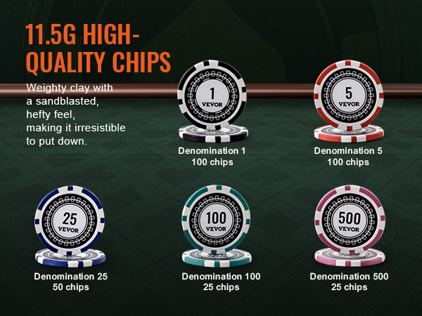 VEVOR poker chip set: 11.5g high-quality clay chips in denominations 1, 5, 25, 100, 500.