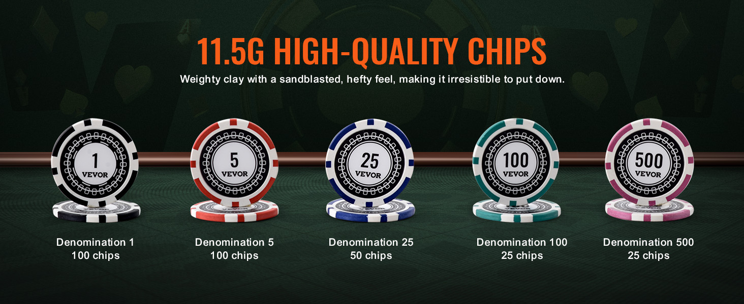 VEVOR poker chip set: 11.5g high-quality clay chips in denominations 1, 5, 25, 100, 500.