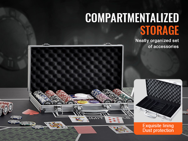 poker table with cards, poker chips, and an open metal case for VEVOR poker chip set, highlighting storage.