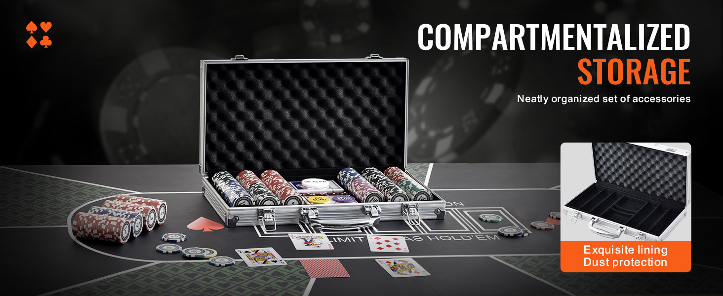 poker table with cards, poker chips, and an open metal case for VEVOR poker chip set, highlighting storage.
