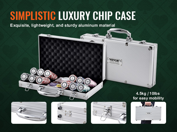 simplistic luxury VEVOR poker chip set case with aluminum material, easy mobility, and secure locks.