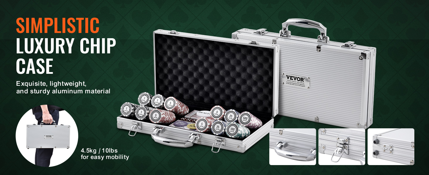 simplistic luxury VEVOR poker chip set case with aluminum material, easy mobility, and secure locks.