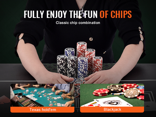 person organizing red and white VEVOR poker chip set on poker table with texas hold'em and blackjack cards.