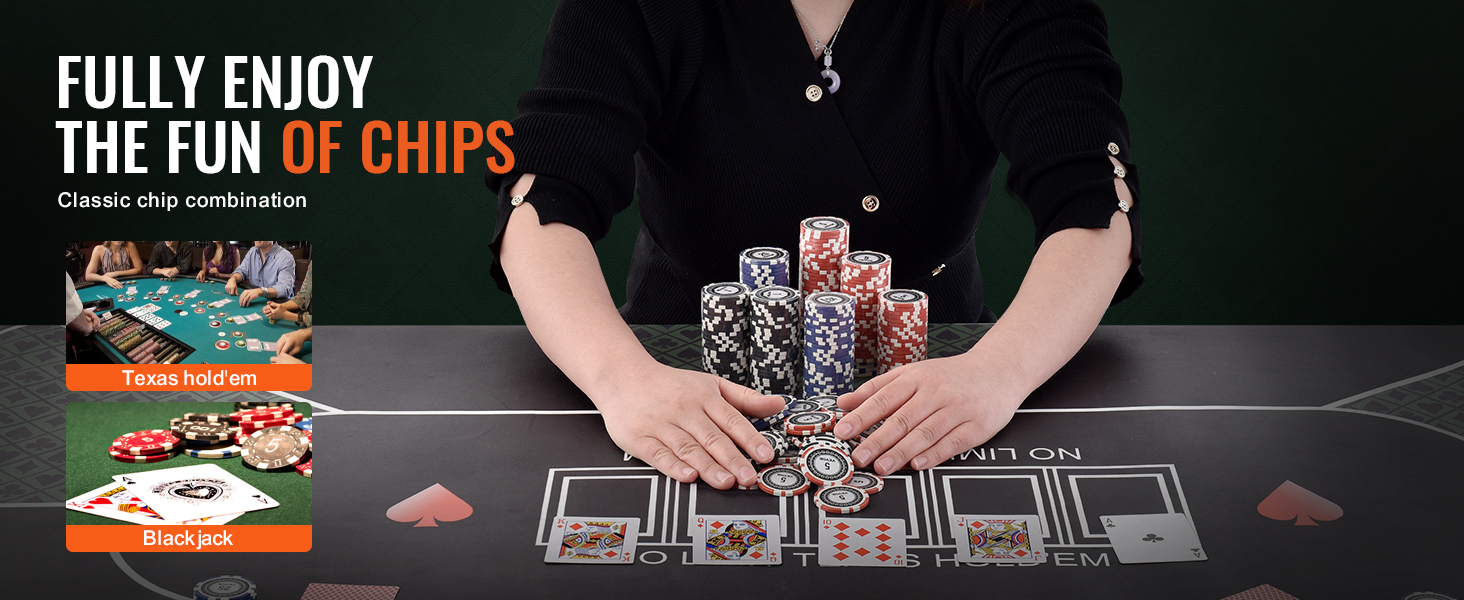 person organizing red and white VEVOR poker chip set on poker table with texas hold'em and blackjack cards.