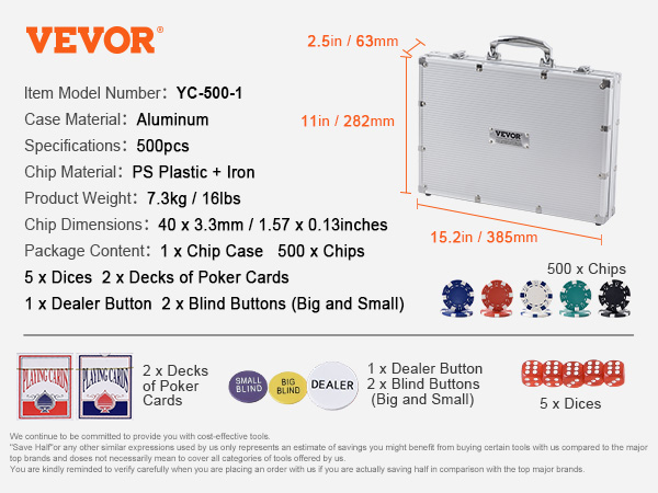 VEVOR poker chip set with 500 chips, aluminum case, dice, poker cards, blind buttons, and dealer button.