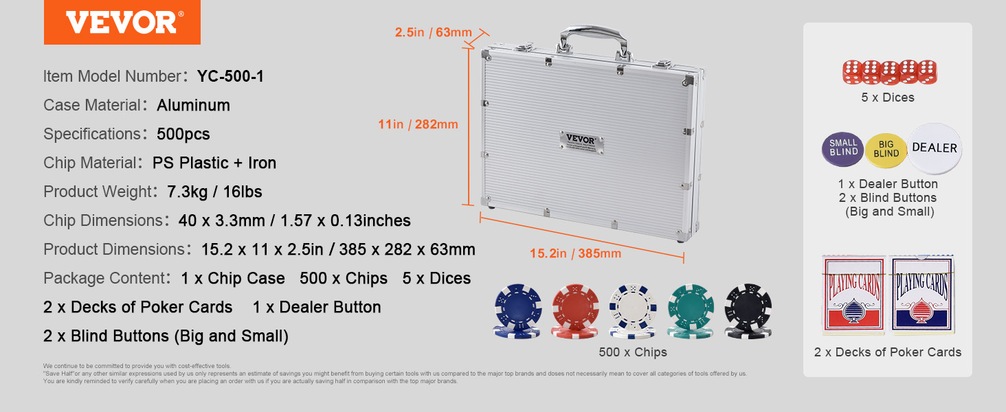 VEVOR poker chip set with 500 chips, aluminum case, dice, poker cards, blind buttons, and dealer button.