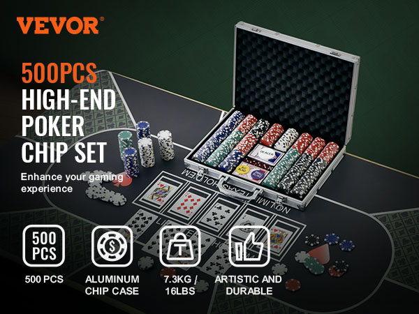 VEVOR poker chip set with 500 high-end chips in aluminum case on poker table with cards.