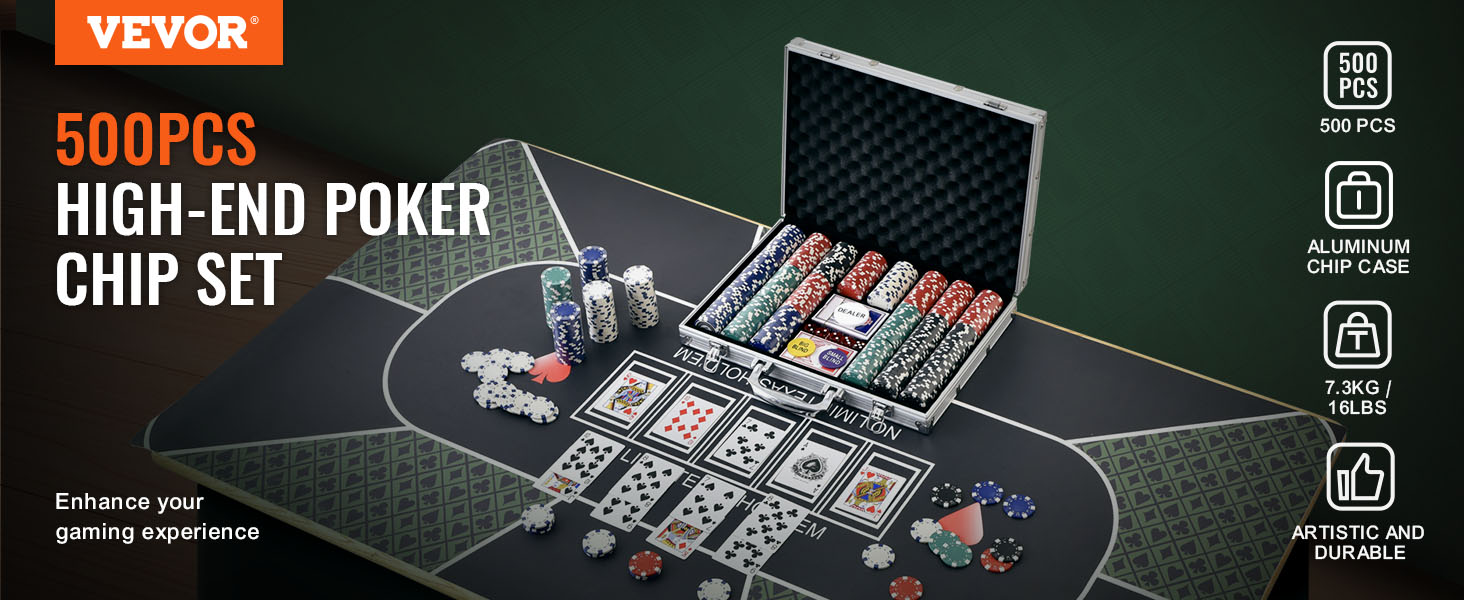 VEVOR poker chip set with 500 high-end chips in aluminum case on poker table with cards.