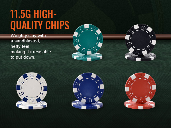 VEVOR poker chip set featuring 11.5g high-quality chips in white, blue, red, green, and black.