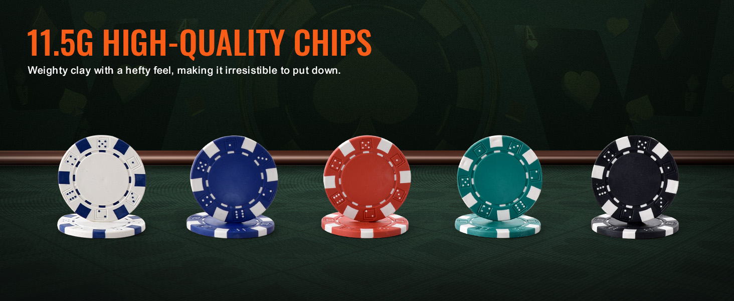 VEVOR poker chip set featuring 11.5g high-quality chips in white, blue, red, green, and black.