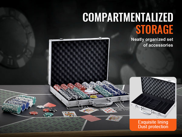 VEVOR poker chip set with neatly organized poker chips and cards in a silver case for compartmentalized storage.