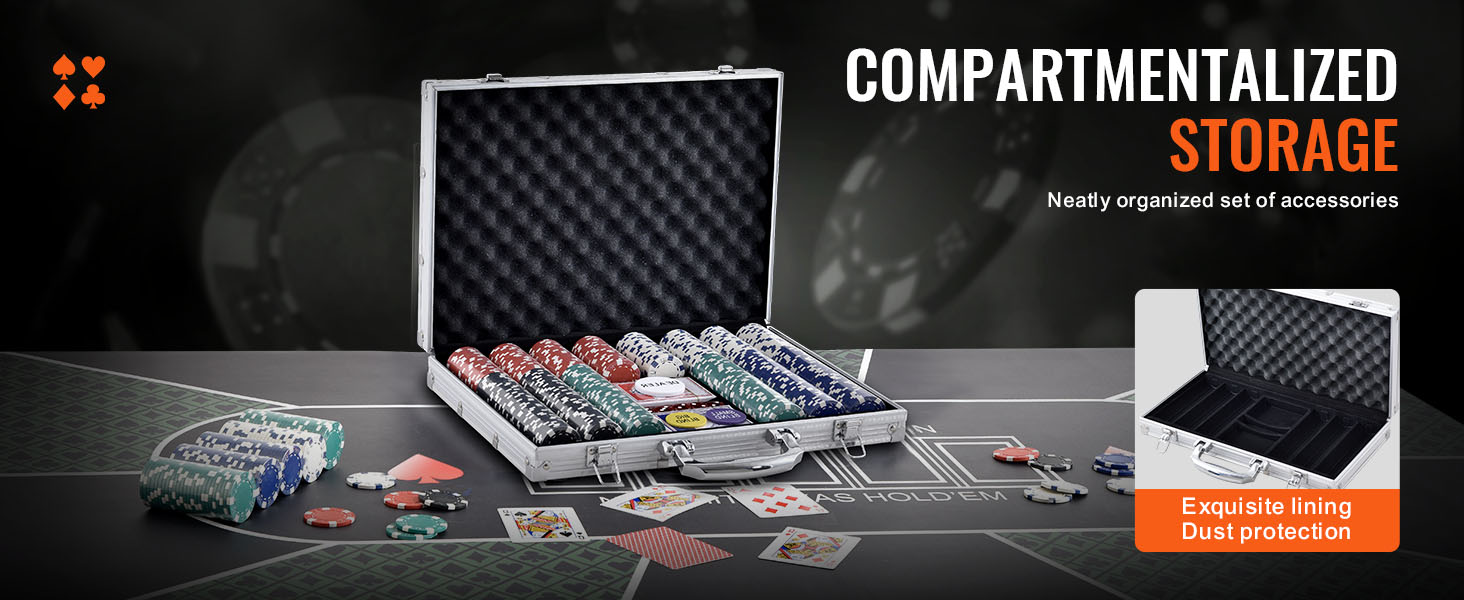 VEVOR poker chip set with neatly organized poker chips and cards in a silver case for compartmentalized storage.