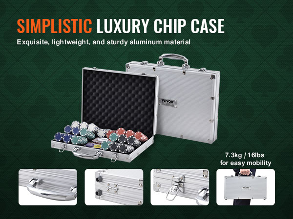 simplistic luxury chip case, VEVOR poker chip set, aluminum material, lightweight 7.3kg/16lbs, sturdy design.