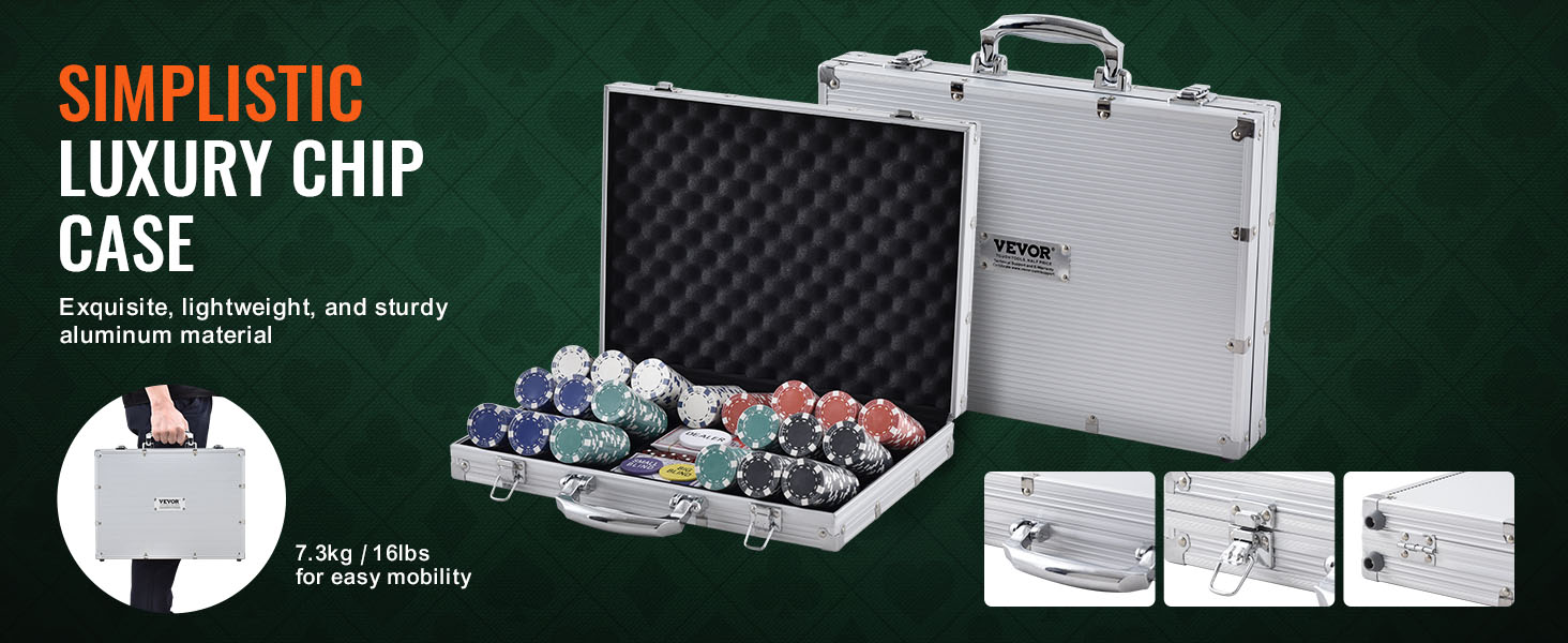 simplistic luxury chip case, VEVOR poker chip set, aluminum material, lightweight 7.3kg/16lbs, sturdy design.