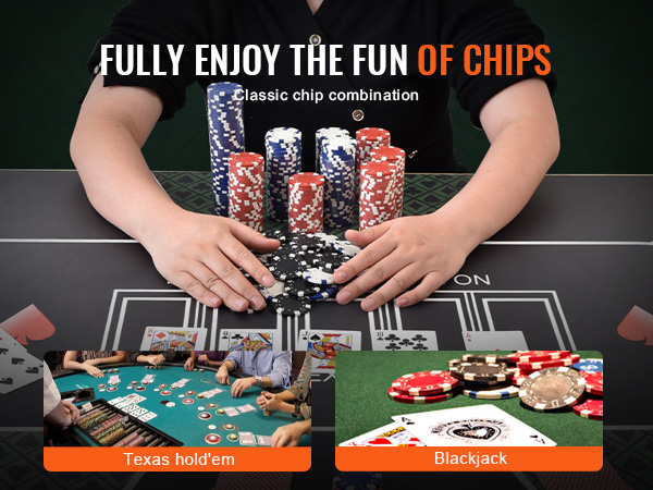 person enjoying VEVOR poker chip set with stacks of poker chips, texas hold'em and blackjack setup.