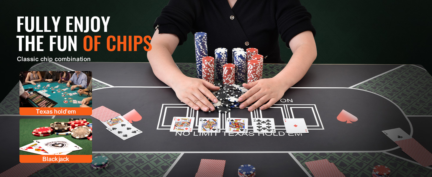 person enjoying VEVOR poker chip set with stacks of poker chips, texas hold'em and blackjack setup.