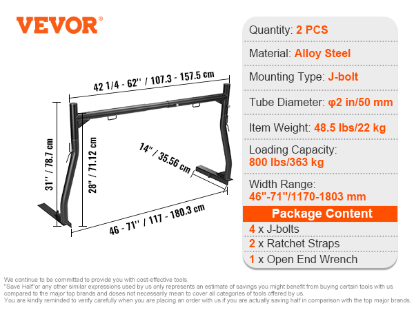 VEVOR truck ladder rack specifications including dimensions, material (alloy steel), and accessories.