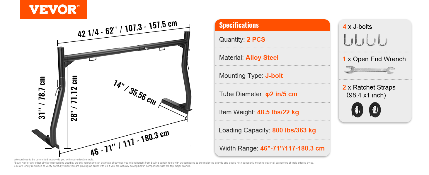 VEVOR truck ladder rack specifications including dimensions, material (alloy steel), and accessories.
