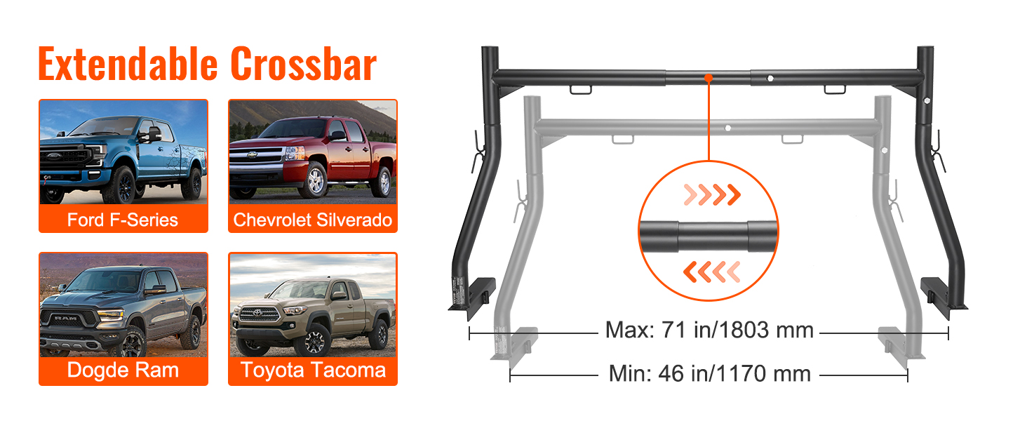extendable crossbar for ford f-series, chevrolet silverado, dodge ram, toyota tacoma - VEVOR truck ladder rack.