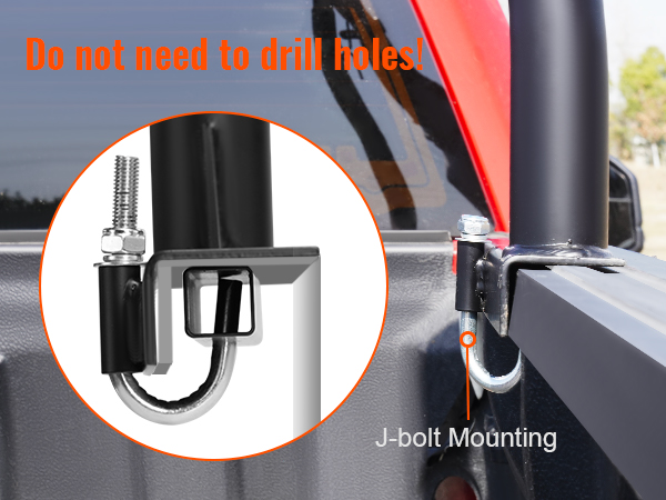 VEVOR truck ladder rack with j-bolt mounting, no drilling required.