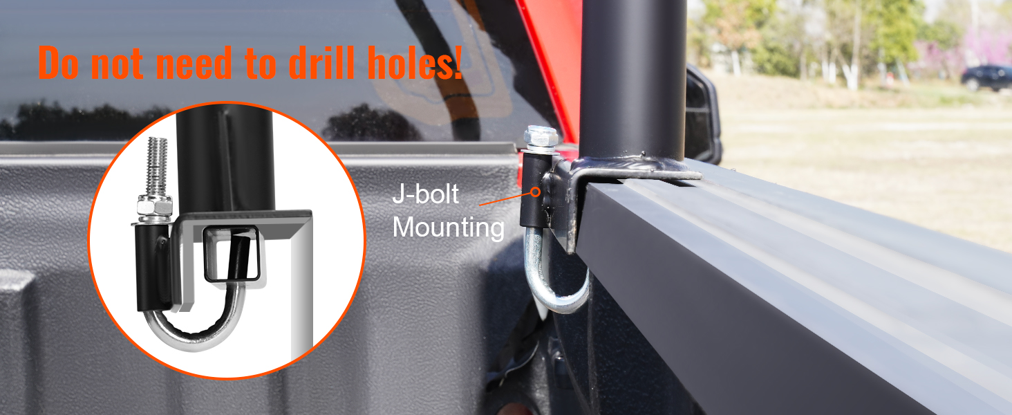 VEVOR truck ladder rack with j-bolt mounting, no drilling required.