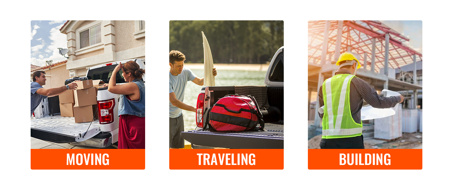 three uses of a VEVOR truck ladder rack: moving boxes, traveling with a surfboard, and building at a site.