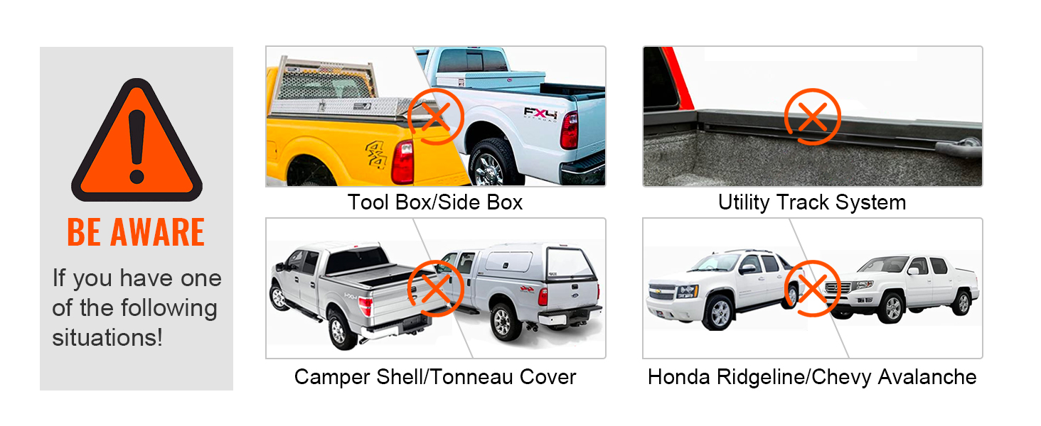 be aware: VEVOR truck ladder rack not compatible with toolbox, utility track, tonneau cover, or honda ridgeline.