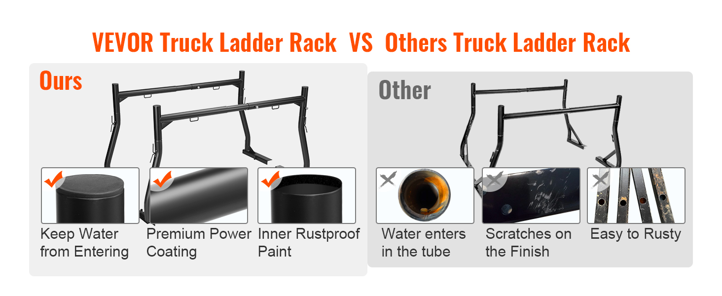 VEVOR truck ladder rack comparison with others, showing water prevention, rustproof paint, and durability.