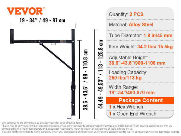VEVOR truck rack specs: alloy steel, 250 lbs capacity, adjustable height 38.6"-43.6", includes wrenches.