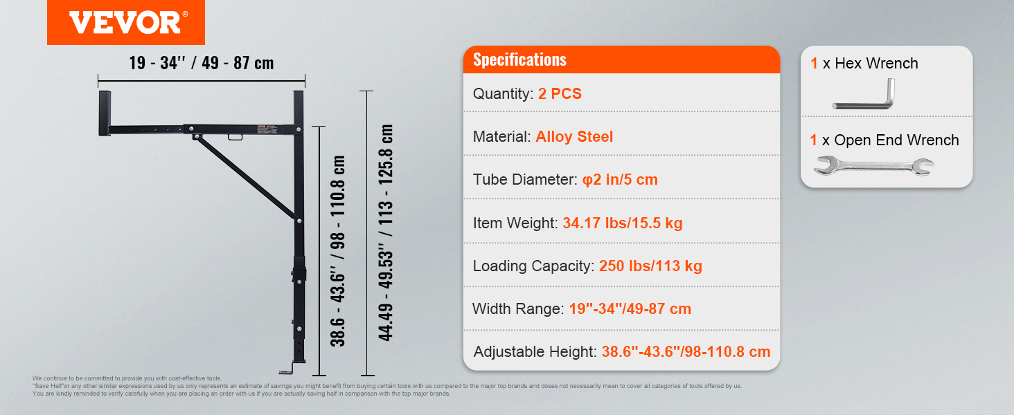 VEVOR truck rack specs: alloy steel, 250 lbs capacity, adjustable height 38.6"-43.6", includes wrenches.