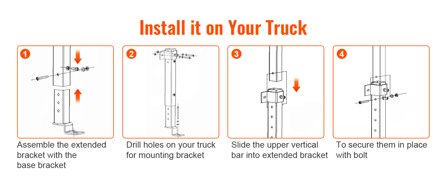 steps to install VEVOR truck rack: assemble brackets, drill holes, slide the bar, and secure with bolts.