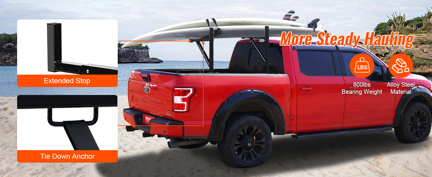 red truck with VEVOR truck rack carrying surfboards, features extended stop, tie down anchor, 800lbs capacity.