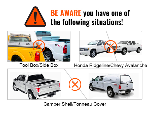 warning sign for VEVOR truck rack installation incompatibility with toolboxes, specific truck models, and covers.