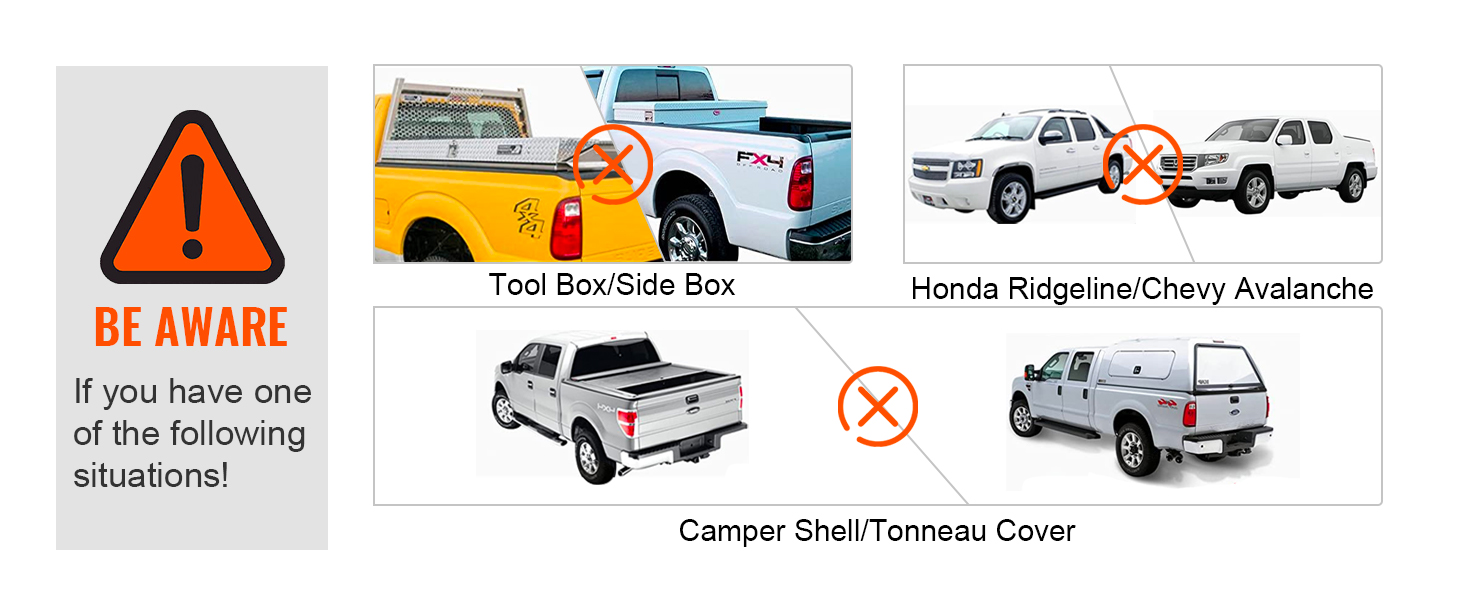 warning sign for VEVOR truck rack installation incompatibility with toolboxes, specific truck models, and covers.