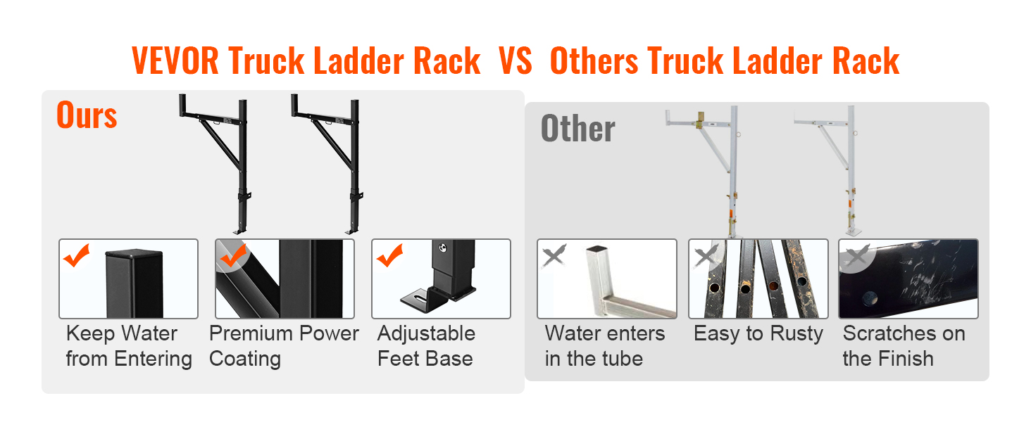VEVOR truck rack vs others: premium power coating, adjustable base, water protection, no rust.