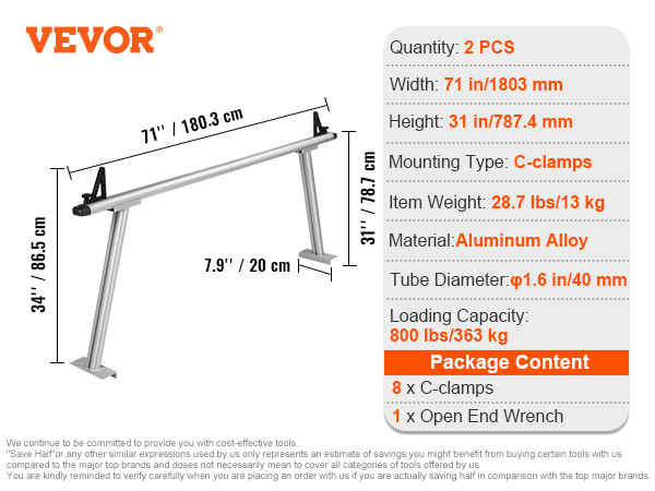 VEVOR truck rack with dimensions and specifications, including 71 in width and 800 lbs capacity.