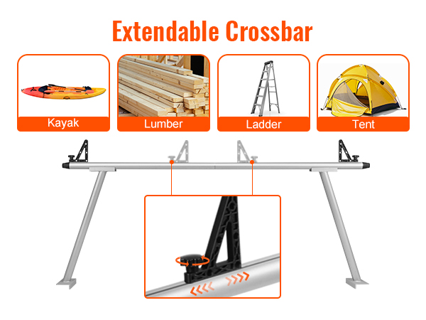VEVOR truck rack extendable crossbar can carry kayak, lumber, ladder, and tent.