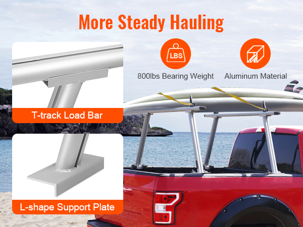 red truck with VEVOR truck rack hauling a kayak, showcasing t-track load bar and l-shape support plate.