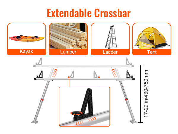 VEVOR truck rack with extendable crossbar, suitable for kayak, lumber, ladder, and tent transport.