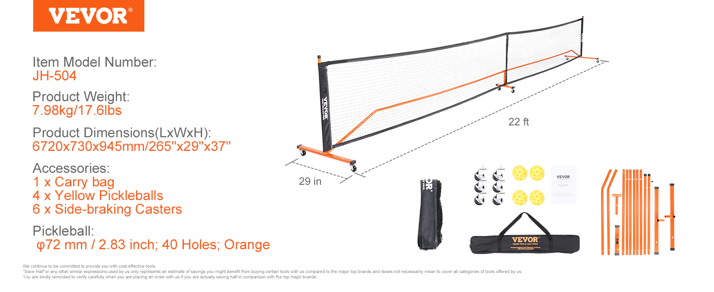 VEVOR pickleball net set with 22 ft net, carry bag, yellow pickleballs, and side-braking casters.