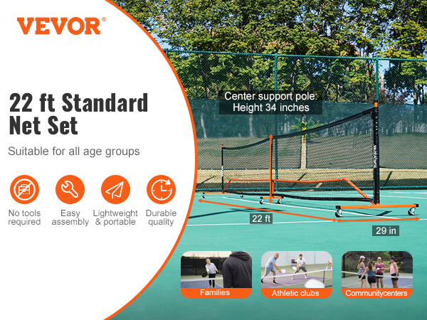 VEVOR pickleball net set: 22 ft standard net, easy assembly, portable, durable, suitable for all ages.