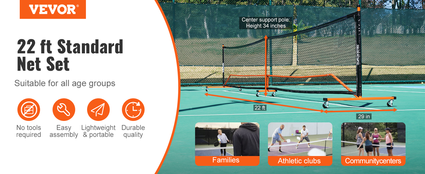 VEVOR pickleball net set: 22 ft standard net, easy assembly, portable, durable, suitable for all ages.