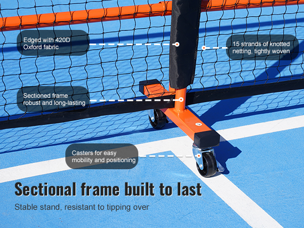 sturdy and durable metal frame of VEVOR pickleball net set with wheels and tightly woven netting.