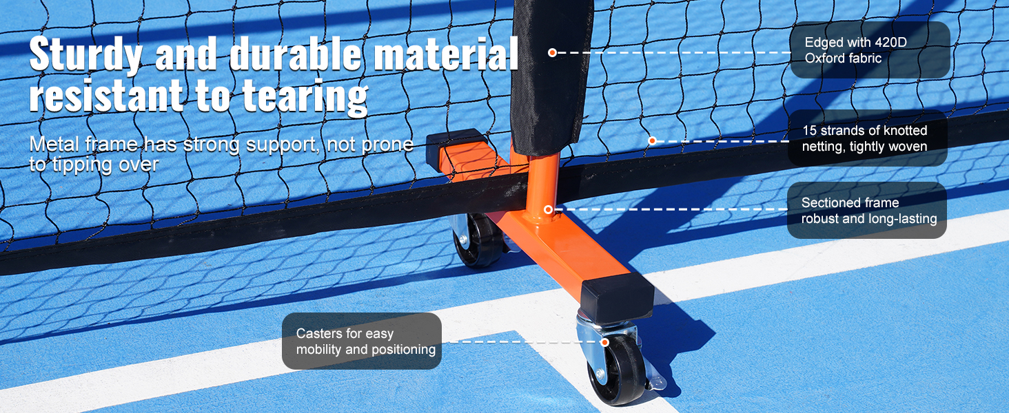 sturdy and durable metal frame of VEVOR pickleball net set with wheels and tightly woven netting.