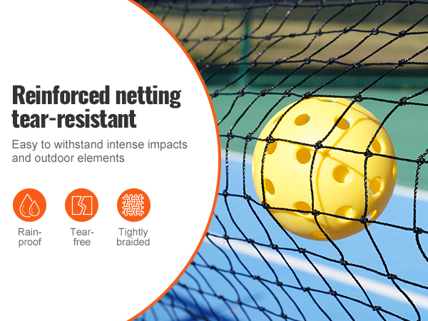 VEVOR pickleball net set with reinforced, tear-resistant netting, yellow ball, and rain-proof features.