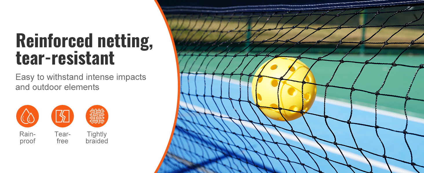 VEVOR pickleball net set with reinforced, tear-resistant netting, yellow ball, and rain-proof features.
